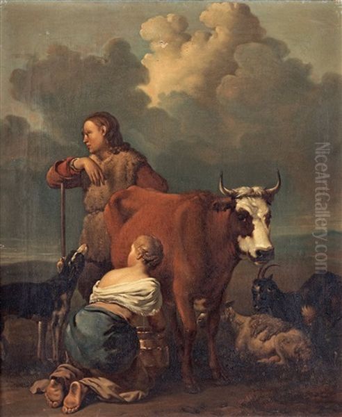 Woman Milking A Red Cow (after Dujardin) Oil Painting by Alexander Laureus