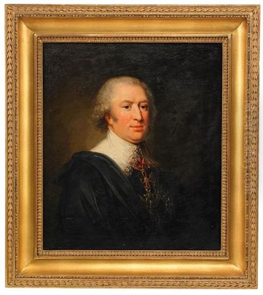 Portratt Av Friherre Carl Bonde Ikladd Svart Drakt Med Spetskrage Och Mantel Samt Ordnar (after Carl Frederik Von Breda) Oil Painting by Alexander Laureus