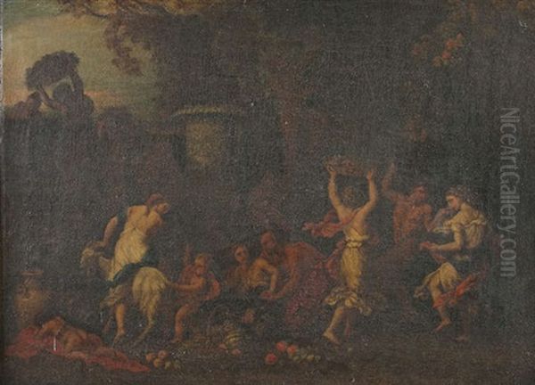 A Bacchanal, Revellers With Satyrs And Goat In A Landscape Beneath A Classical Urn Oil Painting by Filippo Lauri