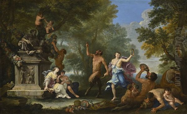 A Bacchanal, With Offerings Strewn Around A Statue Of Pan Oil Painting by Filippo Lauri