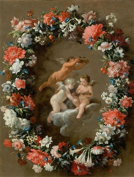 Three Putti With A Bird's Nest And A Garland Of Flowers Oil Painting by Filippo Lauri