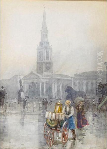 St. Mary-le-strand, Trafalgar Square, London Oil Painting by Frederic Marlett Bell-Smith