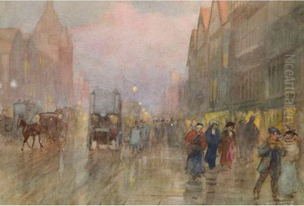 London - The Old And The New (holborn - Staple Inn On The Right) Oil Painting by Frederic Marlett Bell-Smith