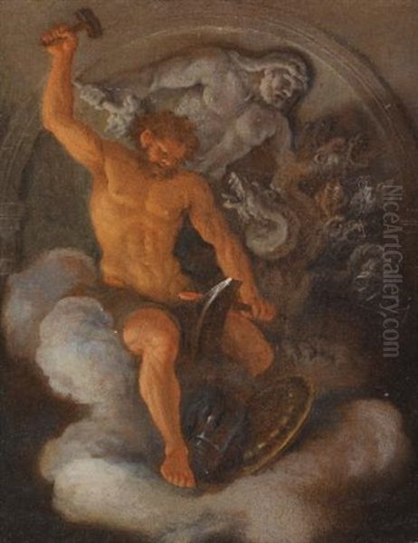 Vulcan At His Forge, Behind Him A Bas-relief Of Hercules Fighting The Hydra Oil Painting by Filippo Lauri