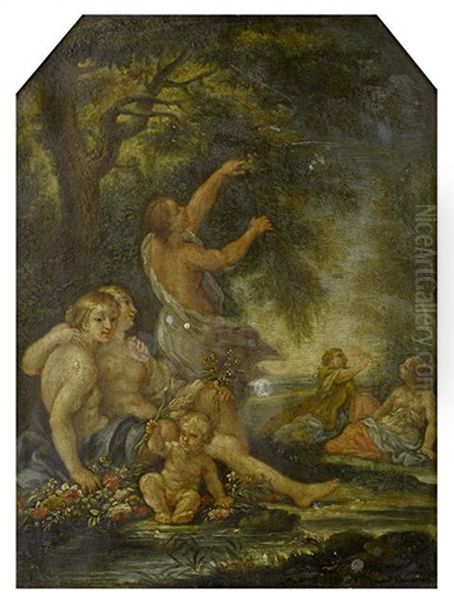 Spring: Nymphs And A Cherub By A Woodland Stream Oil Painting by Filippo Lauri