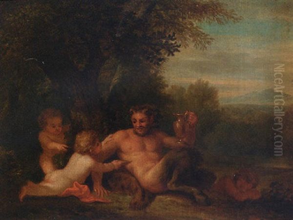 A Satyr And Putti In A Landscape by Filippo Lauri