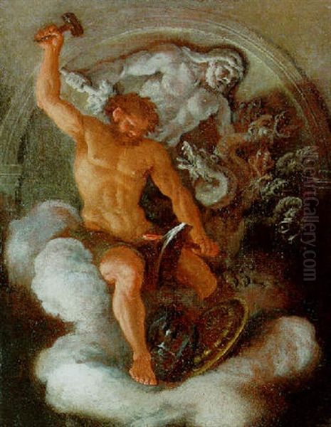 Vulcan At His Forge Before A Bas-relief Of Hercules And The Lernean Hydra Oil Painting by Filippo Lauri