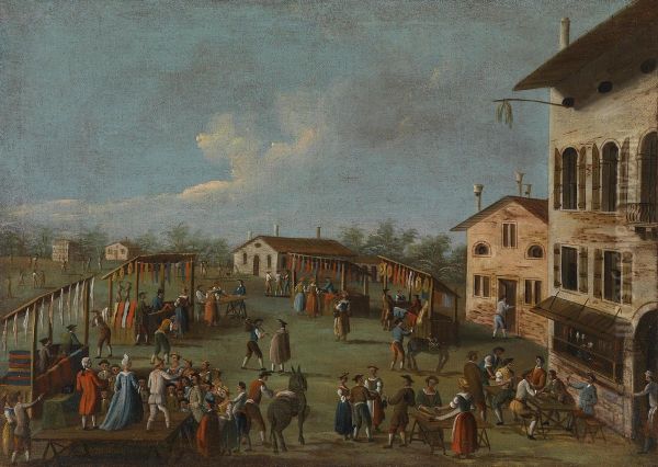 Two Rural Market Scenes In The Veneto Oil Painting by Gabriele Bella