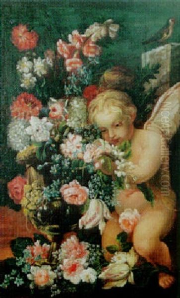 Putti Med Blommor I Urna Oil Painting by Filippo Lauri