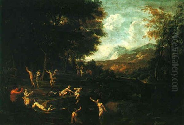 Nymphs In A Landscape Bathing, Dancing And Playing Music With A Satyr Oil Painting by Filippo Lauri