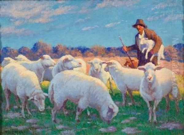 Shepherd And His Flock Oil Painting by Thomas G. de Laurier