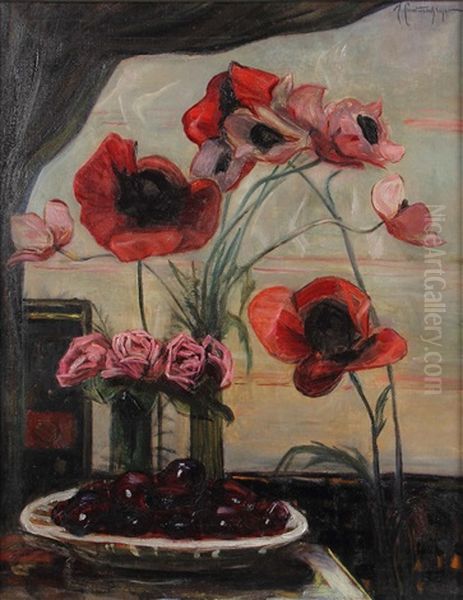 Stillleben Mit Klatschmohn, Rosen Und Pflaumen Oil Painting by Marie Lautenschlager