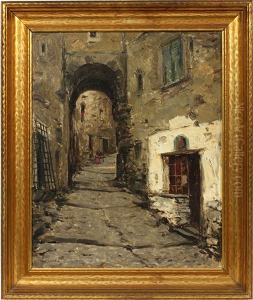 French Street Scene With Archway Oil Painting by Charles-Frederic Lauth