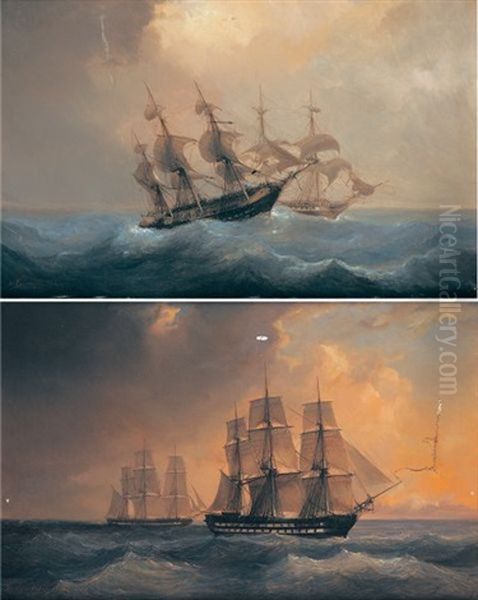 Navires Sur Une Mer Agitee (+ Another, Similar; Pair) Oil Painting by Barthelemy Lauvergne