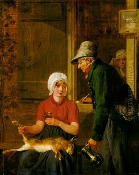 An Elderly Sportsman Proposing To A Young Lady, Old Woman Watching From A Window Beyond Oil Painting by Jacobus Johannes Lauwers