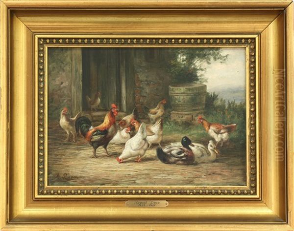 Chickens And Ducks In A Farmyard Oil Painting by August Laux