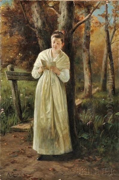 Woman Reading On A Woodland Path Oil Painting by August Laux