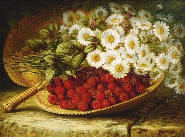 Still Life With Daises And Raspberries On A Ledge Oil Painting by August Laux