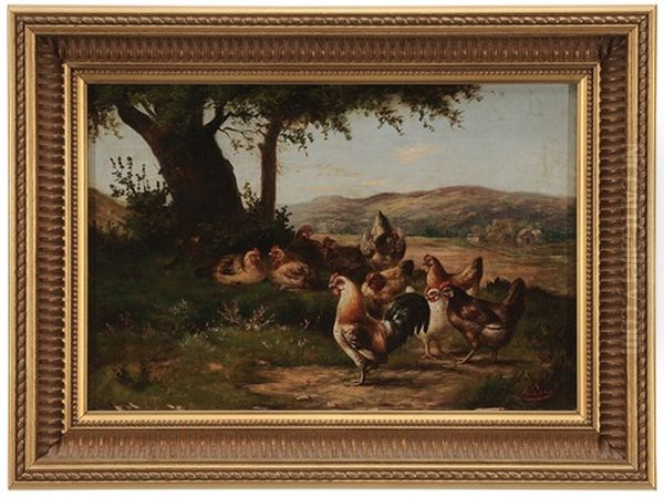 Chickens In A Yard Oil Painting by August Laux