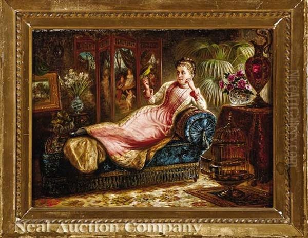 Reclining Lady Holding A Parakeet Oil Painting by August Laux