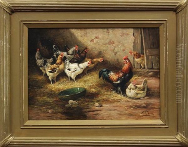 Chickens In A Barnyard 2 Oil Painting by August Laux