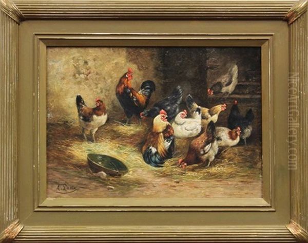 Chickens In A Barnyard Oil Painting by August Laux