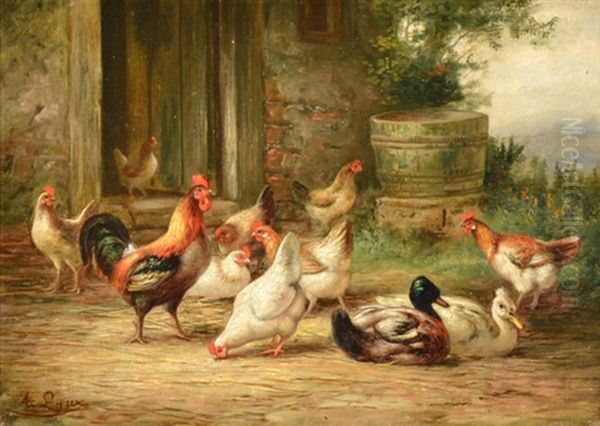 Chickens And Ducks In The Barnyard Oil Painting by August Laux