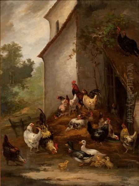 Barnyard Scene Oil Painting by August Laux