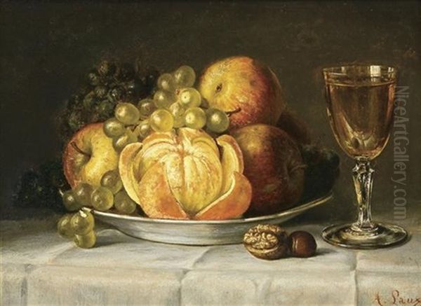 Fuite And Wine Glass On A Tabletop Oil Painting by August Laux