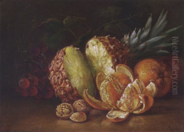 Still Life With Pineapple, Orange And Nuts Oil Painting by August Laux