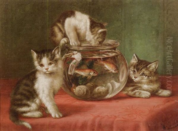 Mischievous Kittens Oil Painting by August Laux