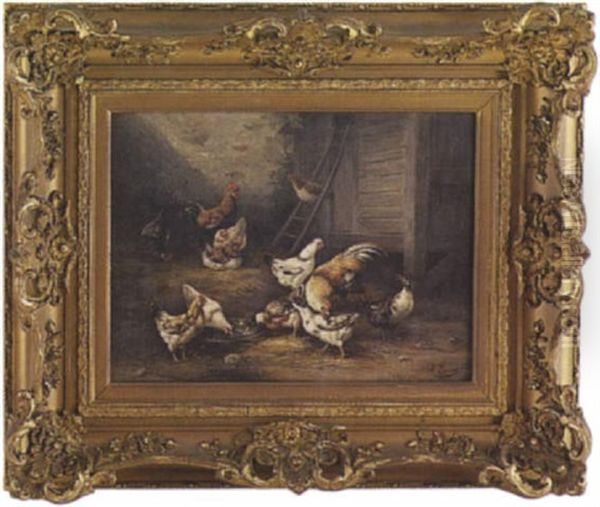 Chickens Next To A Coop Oil Painting by August Laux