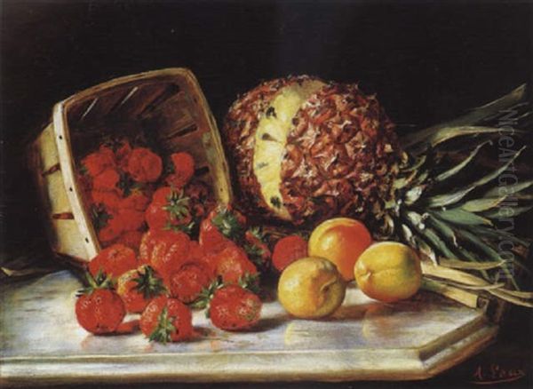 Still Life With Fruit  Upon A Marble Ledge Oil Painting by August Laux