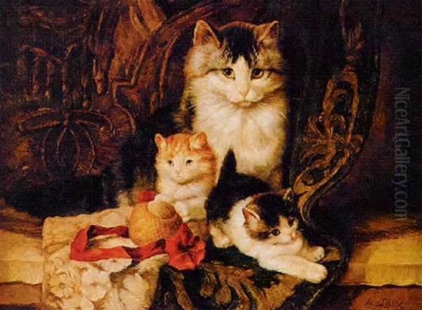 Cat And Kittens Oil Painting by August Laux