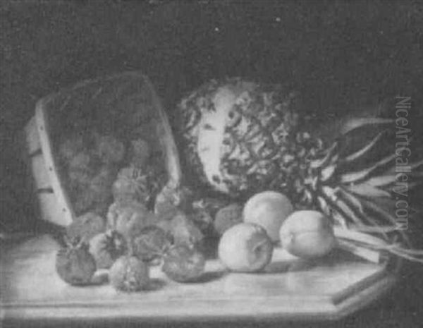 A Still Life Of Strawberries, Peaches & A Pineapple On A Marble Top Oil Painting by August Laux