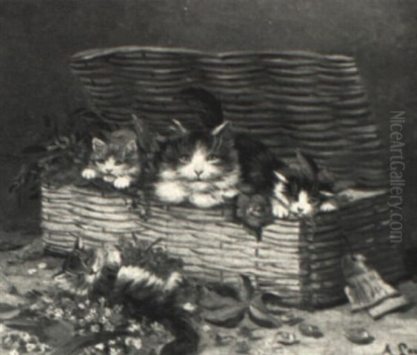 Kittens In A Basket Oil Painting by August Laux