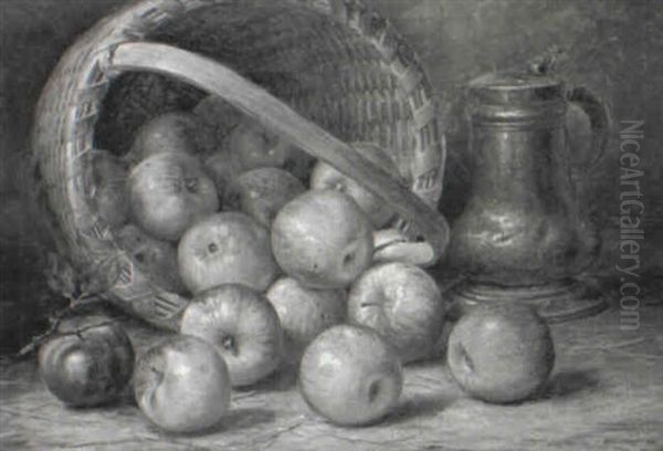 A Basket Of Apples With Copper Stein Oil Painting by August Laux