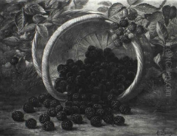 Nature Still Life/overturned Basket Of Blackberries by August Laux