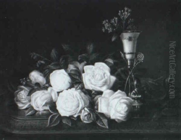 Still Life With Yellow And Pink Roses Oil Painting by August Laux