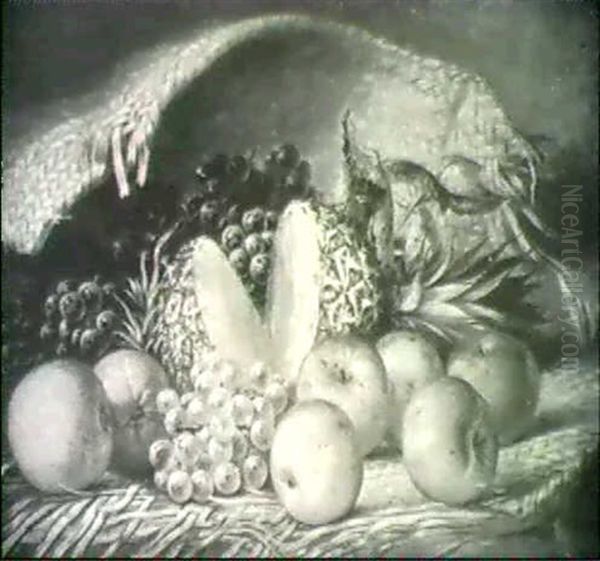 Still Life Of Fruit Spilling Out Of A Woven Basket Oil Painting by August Laux