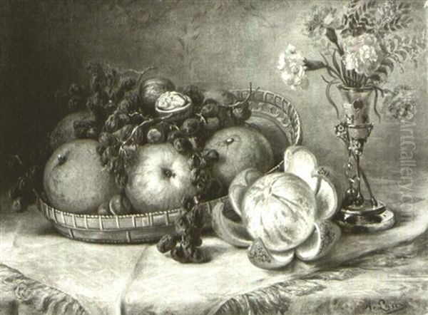 Still Life With Basket Of Fruit And Vase Of Carnations Oil Painting by August Laux