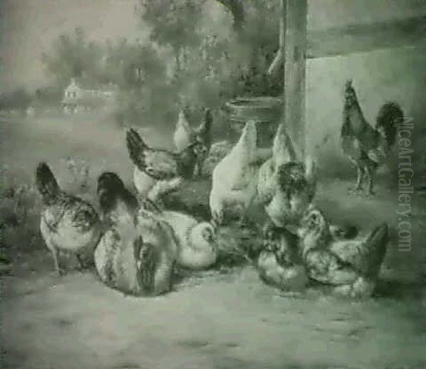 Chickens Outside A Stable Oil Painting by August Laux