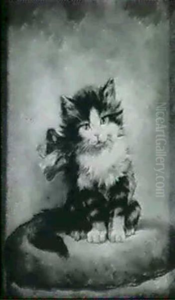 Kitten With Red Bow Oil Painting by August Laux