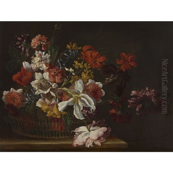 Still Life Of Flowers In A Basket On A Ledge by Giuseppe Lavagna