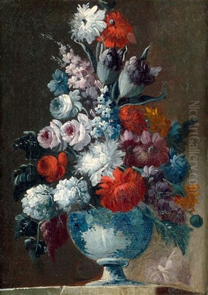 Blumenstilleben Mit Gefullten Nelken Und Rittersporn In Einer Majolikavase Oil Painting by Giuseppe Lavagna