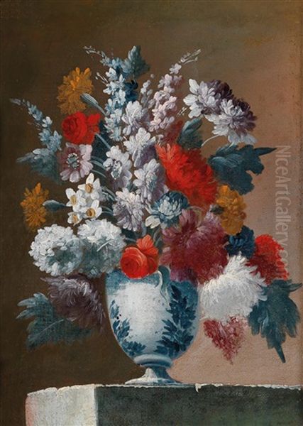 Ein Blumenstillleben In Einer Blauweisen Majolikavase Oil Painting by Giuseppe Lavagna