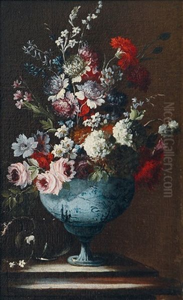 Flower Still Life In Faience Vase (+ Another, Lrgr.; Pair) Oil Painting by Giuseppe Lavagna