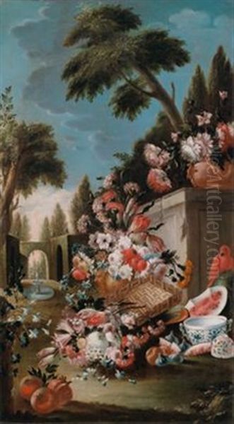 Prunkstillleben Mit Blumen, Chinesischem Exportporzellan Und Einer Melone An Einem Steinpostament In Einer Eleganten Parklandschaft Oil Painting by Giuseppe Lavagna