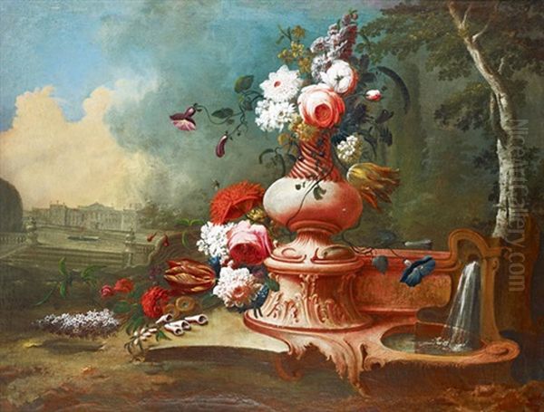 Nature Morte Aux Fleurs Avec Fontaine, Un Palais Dans Le Lointain Oil Painting by Giuseppe Lavagna