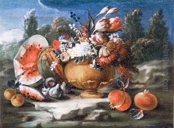 Rose E Altri Fiori In Un Cesto Di Vimini (+ Rose Et Altri Fiori In Un Vaso Di Terracotta; 2 Works) Oil Painting by Giuseppe Lavagna